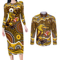 Hawthorn Hawks Couples Matching Long Sleeve Bodycon Dress and Long Sleeve Button Shirt Aboriginal Dot Pattern - Football Mascot Heritage Pride