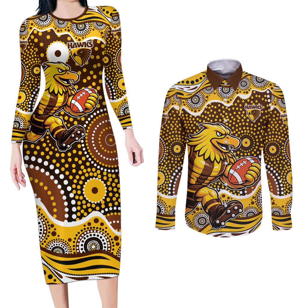 Hawthorn Hawks Couples Matching Long Sleeve Bodycon Dress and Long Sleeve Button Shirt Aboriginal Dot Pattern - Football Mascot Heritage Pride