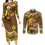 Hawthorn Hawks Couples Matching Long Sleeve Bodycon Dress and Long Sleeve Button Shirt Aboriginal Dot Pattern - Football Mascot Heritage Pride