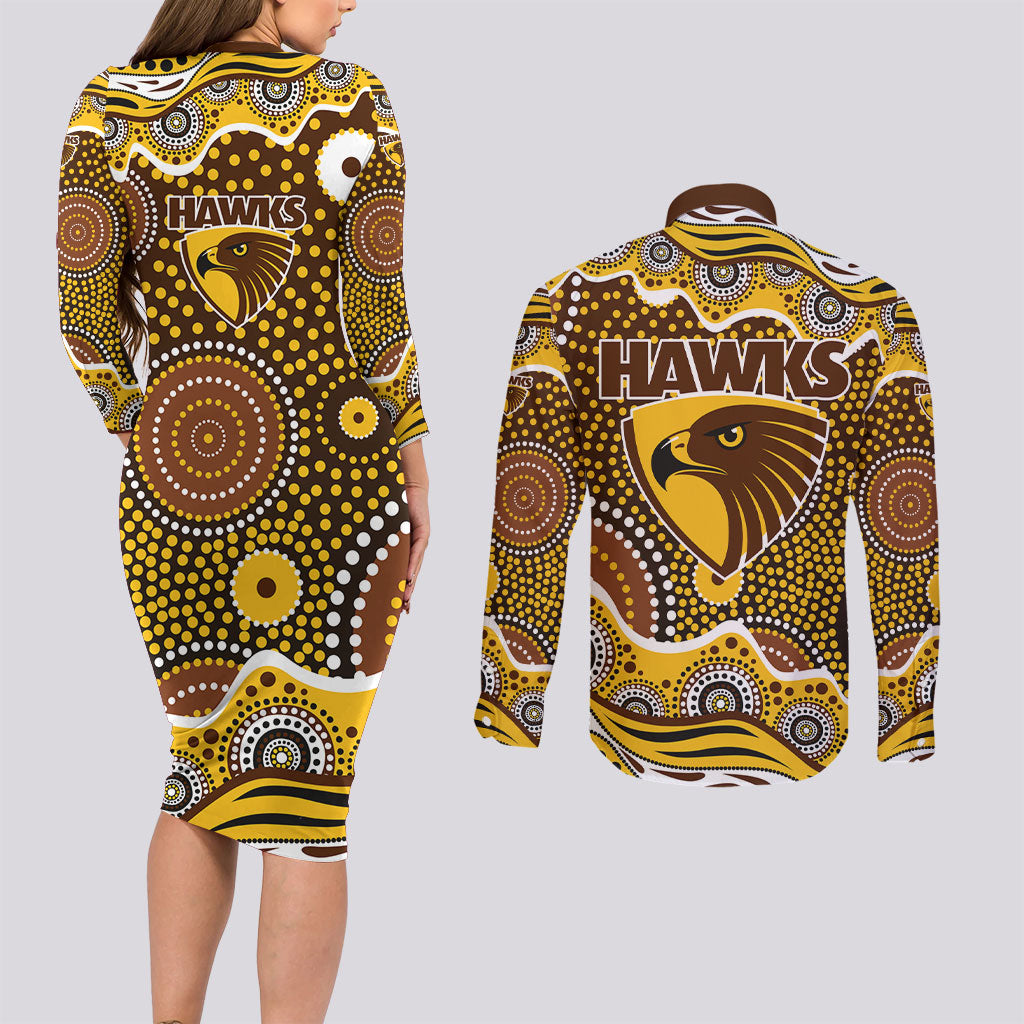 Hawthorn Hawks Couples Matching Long Sleeve Bodycon Dress and Long Sleeve Button Shirt Aboriginal Dot Pattern - Football Mascot Heritage Pride