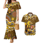 Hawthorn Hawks Couples Matching Mermaid Dress and Hawaiian Shirt Aboriginal Dot Pattern - Football Mascot Heritage Pride
