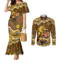 Hawthorn Hawks Couples Matching Mermaid Dress and Long Sleeve Button Shirt Aboriginal Dot Pattern - Football Mascot Heritage Pride