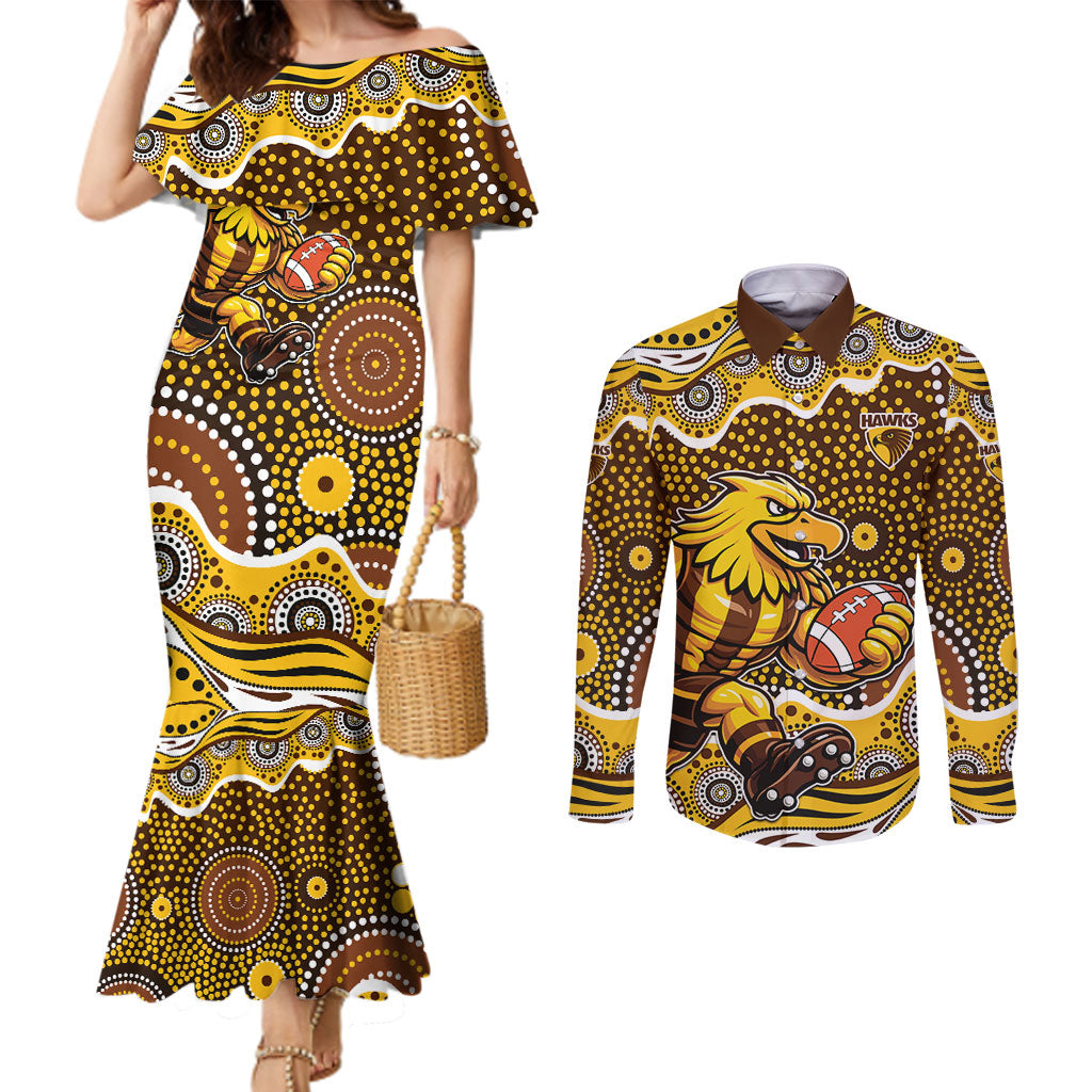 Hawthorn Hawks Couples Matching Mermaid Dress and Long Sleeve Button Shirt Aboriginal Dot Pattern - Football Mascot Heritage Pride