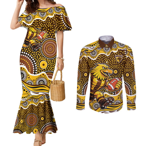 Hawthorn Hawks Couples Matching Mermaid Dress and Long Sleeve Button Shirt Aboriginal Dot Pattern - Football Mascot Heritage Pride