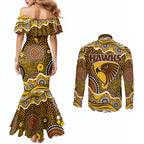 Hawthorn Hawks Couples Matching Mermaid Dress and Long Sleeve Button Shirt Aboriginal Dot Pattern - Football Mascot Heritage Pride