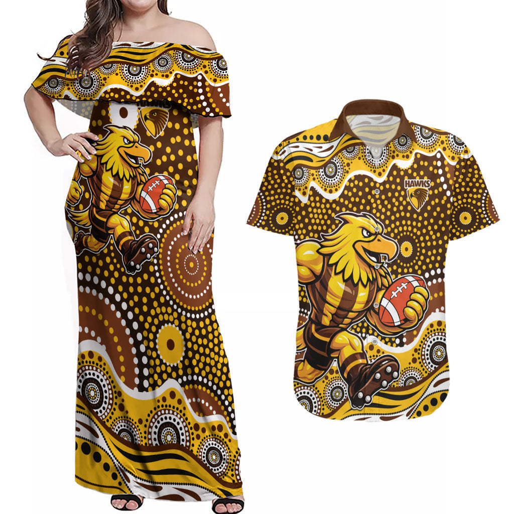 Hawthorn Hawks Couples Matching Off Shoulder Maxi Dress and Hawaiian Shirt Aboriginal Dot Pattern - Football Mascot Heritage Pride