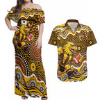 Hawthorn Hawks Couples Matching Off Shoulder Maxi Dress and Hawaiian Shirt Aboriginal Dot Pattern - Football Mascot Heritage Pride