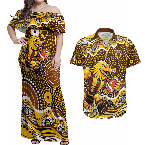 Hawthorn Hawks Couples Matching Off Shoulder Maxi Dress and Hawaiian Shirt Aboriginal Dot Pattern - Football Mascot Heritage Pride