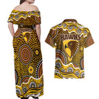 Hawthorn Hawks Couples Matching Off Shoulder Maxi Dress and Hawaiian Shirt Aboriginal Dot Pattern - Football Mascot Heritage Pride