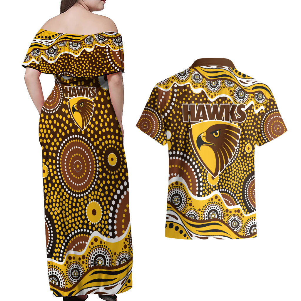 Hawthorn Hawks Couples Matching Off Shoulder Maxi Dress and Hawaiian Shirt Aboriginal Dot Pattern - Football Mascot Heritage Pride