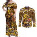 Hawthorn Hawks Couples Matching Off Shoulder Maxi Dress and Long Sleeve Button Shirt Aboriginal Dot Pattern - Football Mascot Heritage Pride