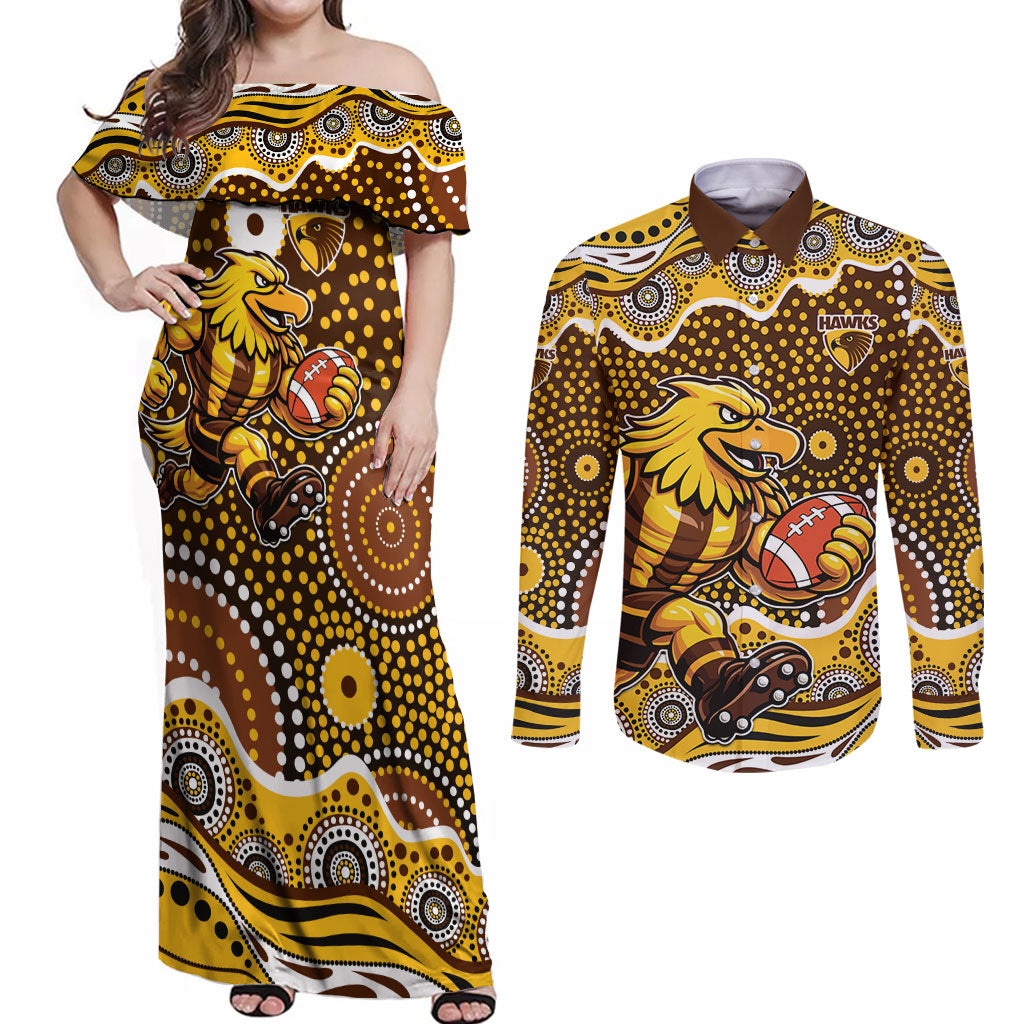 Hawthorn Hawks Couples Matching Off Shoulder Maxi Dress and Long Sleeve Button Shirt Aboriginal Dot Pattern - Football Mascot Heritage Pride