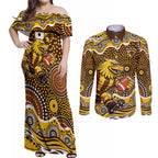Hawthorn Hawks Couples Matching Off Shoulder Maxi Dress and Long Sleeve Button Shirt Aboriginal Dot Pattern - Football Mascot Heritage Pride