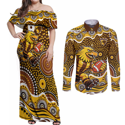 Hawthorn Hawks Couples Matching Off Shoulder Maxi Dress and Long Sleeve Button Shirt Aboriginal Dot Pattern - Football Mascot Heritage Pride