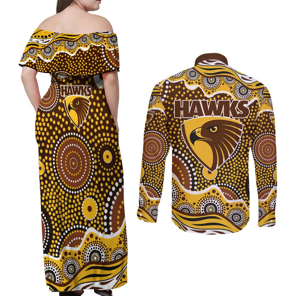Hawthorn Hawks Couples Matching Off Shoulder Maxi Dress and Long Sleeve Button Shirt Aboriginal Dot Pattern - Football Mascot Heritage Pride