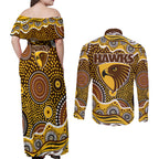 Hawthorn Hawks Couples Matching Off Shoulder Maxi Dress and Long Sleeve Button Shirt Aboriginal Dot Pattern - Football Mascot Heritage Pride