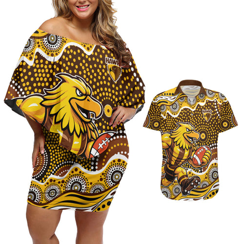 Hawthorn Hawks Couples Matching Off Shoulder Short Dress and Hawaiian Shirt Aboriginal Dot Pattern - Football Mascot Heritage Pride