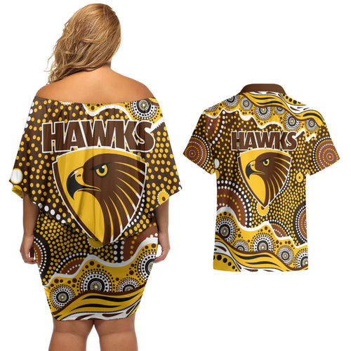 Hawthorn Hawks Couples Matching Off Shoulder Short Dress and Hawaiian Shirt Aboriginal Dot Pattern - Football Mascot Heritage Pride