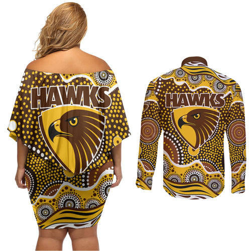 Hawthorn Hawks Couples Matching Off Shoulder Short Dress and Long Sleeve Button Shirt Aboriginal Dot Pattern - Football Mascot Heritage Pride