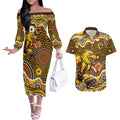 Hawthorn Hawks Couples Matching Off The Shoulder Long Sleeve Dress and Hawaiian Shirt Aboriginal Dot Pattern - Football Mascot Heritage Pride