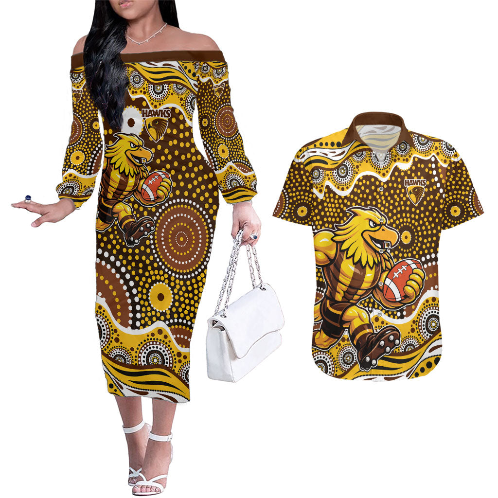 Hawthorn Hawks Couples Matching Off The Shoulder Long Sleeve Dress and Hawaiian Shirt Aboriginal Dot Pattern - Football Mascot Heritage Pride