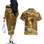 Hawthorn Hawks Couples Matching Off The Shoulder Long Sleeve Dress and Hawaiian Shirt Aboriginal Dot Pattern - Football Mascot Heritage Pride