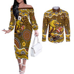 Hawthorn Hawks Couples Matching Off The Shoulder Long Sleeve Dress and Long Sleeve Button Shirt Aboriginal Dot Pattern - Football Mascot Heritage Pride