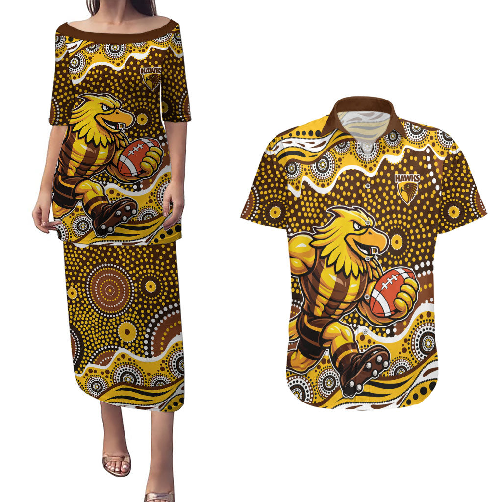 Hawthorn Hawks Couples Matching Puletasi and Hawaiian Shirt Aboriginal Dot Pattern - Football Mascot Heritage Pride