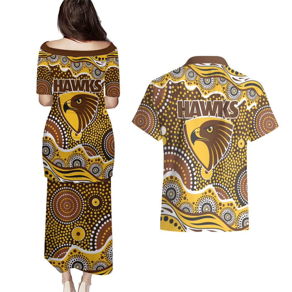 Hawthorn Hawks Couples Matching Puletasi and Hawaiian Shirt Aboriginal Dot Pattern - Football Mascot Heritage Pride