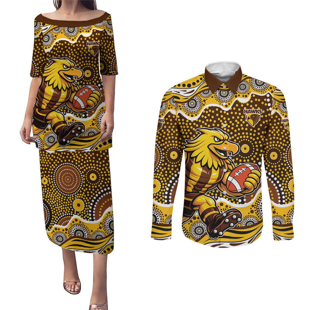 Hawthorn Hawks Couples Matching Puletasi and Long Sleeve Button Shirt Aboriginal Dot Pattern - Football Mascot Heritage Pride