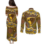 Hawthorn Hawks Couples Matching Puletasi and Long Sleeve Button Shirt Aboriginal Dot Pattern - Football Mascot Heritage Pride