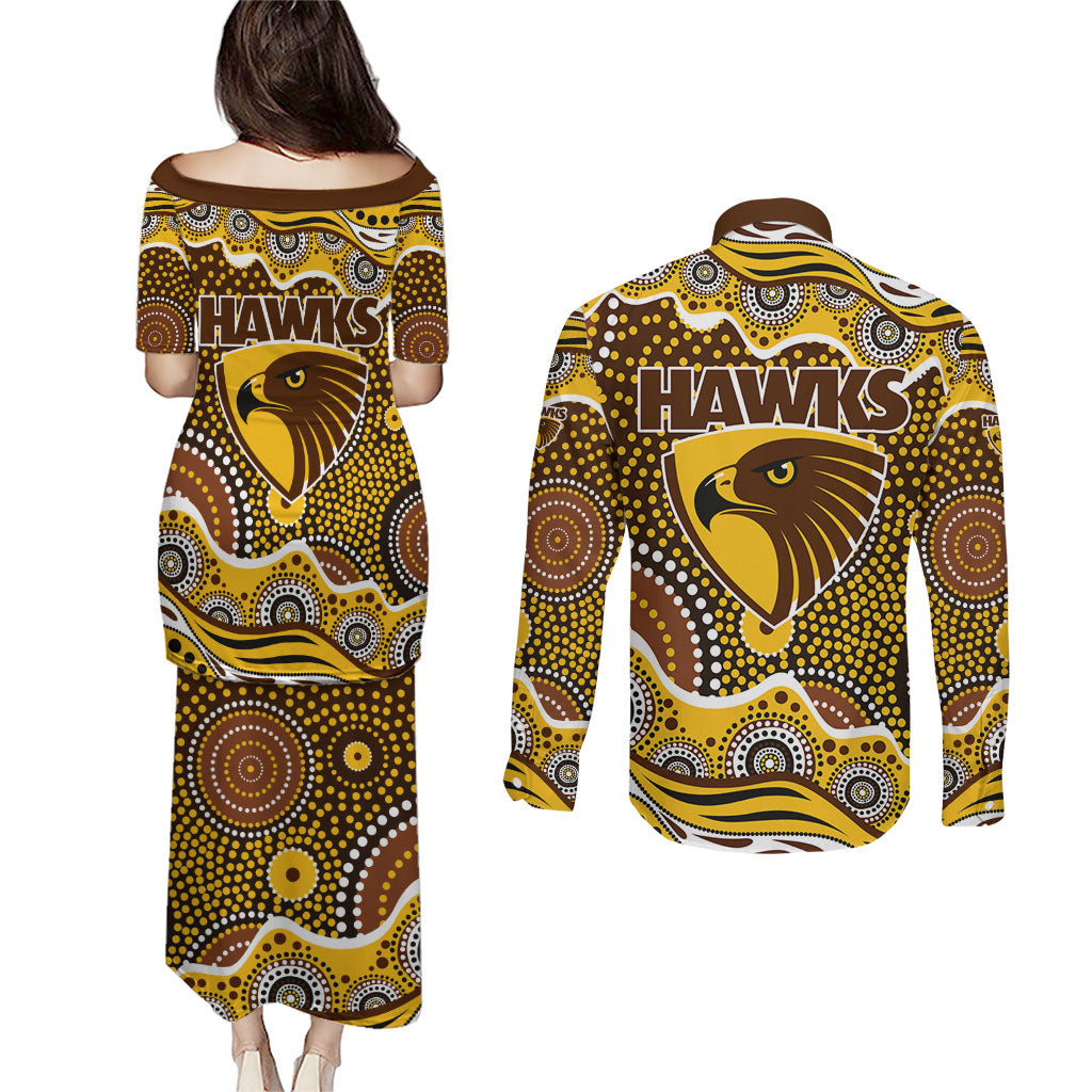 Hawthorn Hawks Couples Matching Puletasi and Long Sleeve Button Shirt Aboriginal Dot Pattern - Football Mascot Heritage Pride