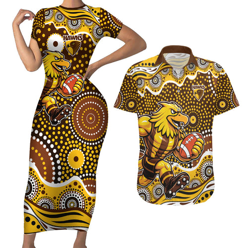 Hawthorn Hawks Couples Matching Short Sleeve Bodycon Dress and Hawaiian Shirt Aboriginal Dot Pattern - Football Mascot Heritage Pride