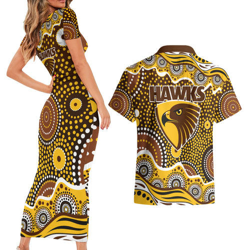 Hawthorn Hawks Couples Matching Short Sleeve Bodycon Dress and Hawaiian Shirt Aboriginal Dot Pattern - Football Mascot Heritage Pride