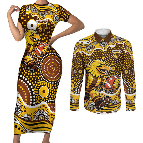 Hawthorn Hawks Couples Matching Short Sleeve Bodycon Dress and Long Sleeve Button Shirt Aboriginal Dot Pattern - Football Mascot Heritage Pride