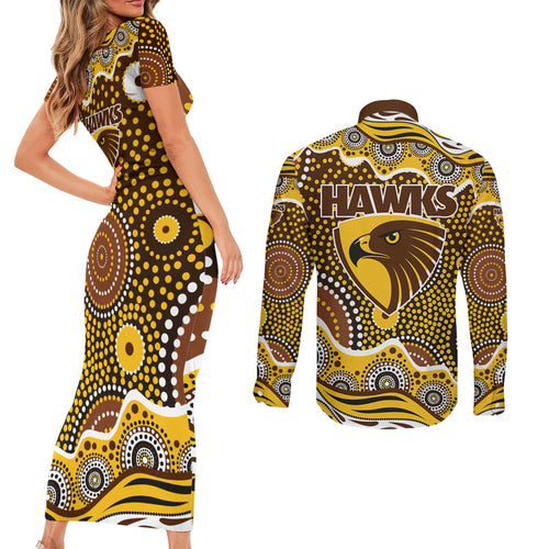 Hawthorn Hawks Couples Matching Short Sleeve Bodycon Dress and Long Sleeve Button Shirt Aboriginal Dot Pattern - Football Mascot Heritage Pride