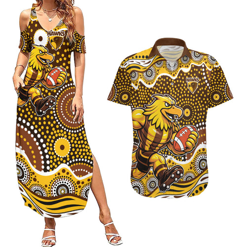 Hawthorn Hawks Couples Matching Summer Maxi Dress and Hawaiian Shirt Aboriginal Dot Pattern - Football Mascot Heritage Pride