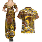 Hawthorn Hawks Couples Matching Summer Maxi Dress and Hawaiian Shirt Aboriginal Dot Pattern - Football Mascot Heritage Pride