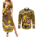 Hawthorn Hawks Couples Matching Summer Maxi Dress and Long Sleeve Button Shirt Aboriginal Dot Pattern - Football Mascot Heritage Pride