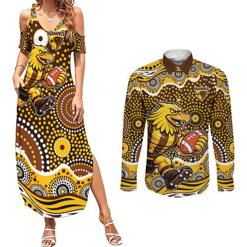 Hawthorn Hawks Couples Matching Summer Maxi Dress and Long Sleeve Button Shirt Aboriginal Dot Pattern - Football Mascot Heritage Pride