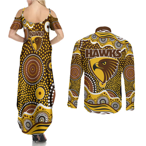 Hawthorn Hawks Couples Matching Summer Maxi Dress and Long Sleeve Button Shirt Aboriginal Dot Pattern - Football Mascot Heritage Pride