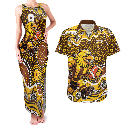 Hawthorn Hawks Couples Matching Tank Maxi Dress and Hawaiian Shirt Aboriginal Dot Pattern - Football Mascot Heritage Pride