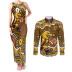 Hawthorn Hawks Couples Matching Tank Maxi Dress and Long Sleeve Button Shirt Aboriginal Dot Pattern - Football Mascot Heritage Pride