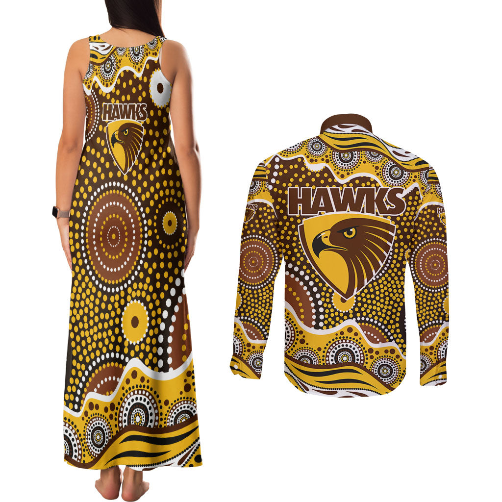 Hawthorn Hawks Couples Matching Tank Maxi Dress and Long Sleeve Button Shirt Aboriginal Dot Pattern - Football Mascot Heritage Pride