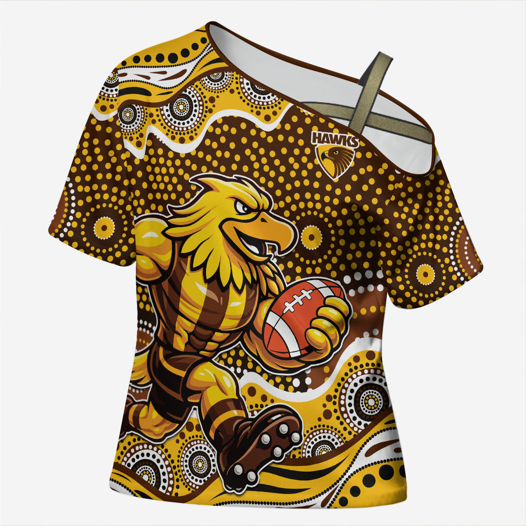 Hawthorn Hawks Cross Shoulder Shirt Aboriginal Dot Pattern - Football Mascot Heritage Pride