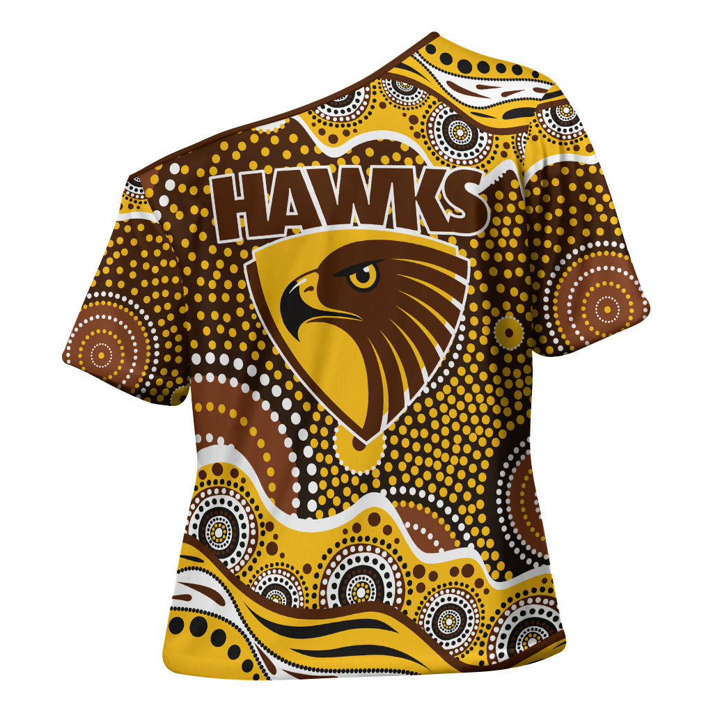 Hawthorn Hawks Cross Shoulder Shirt Aboriginal Dot Pattern - Football Mascot Heritage Pride