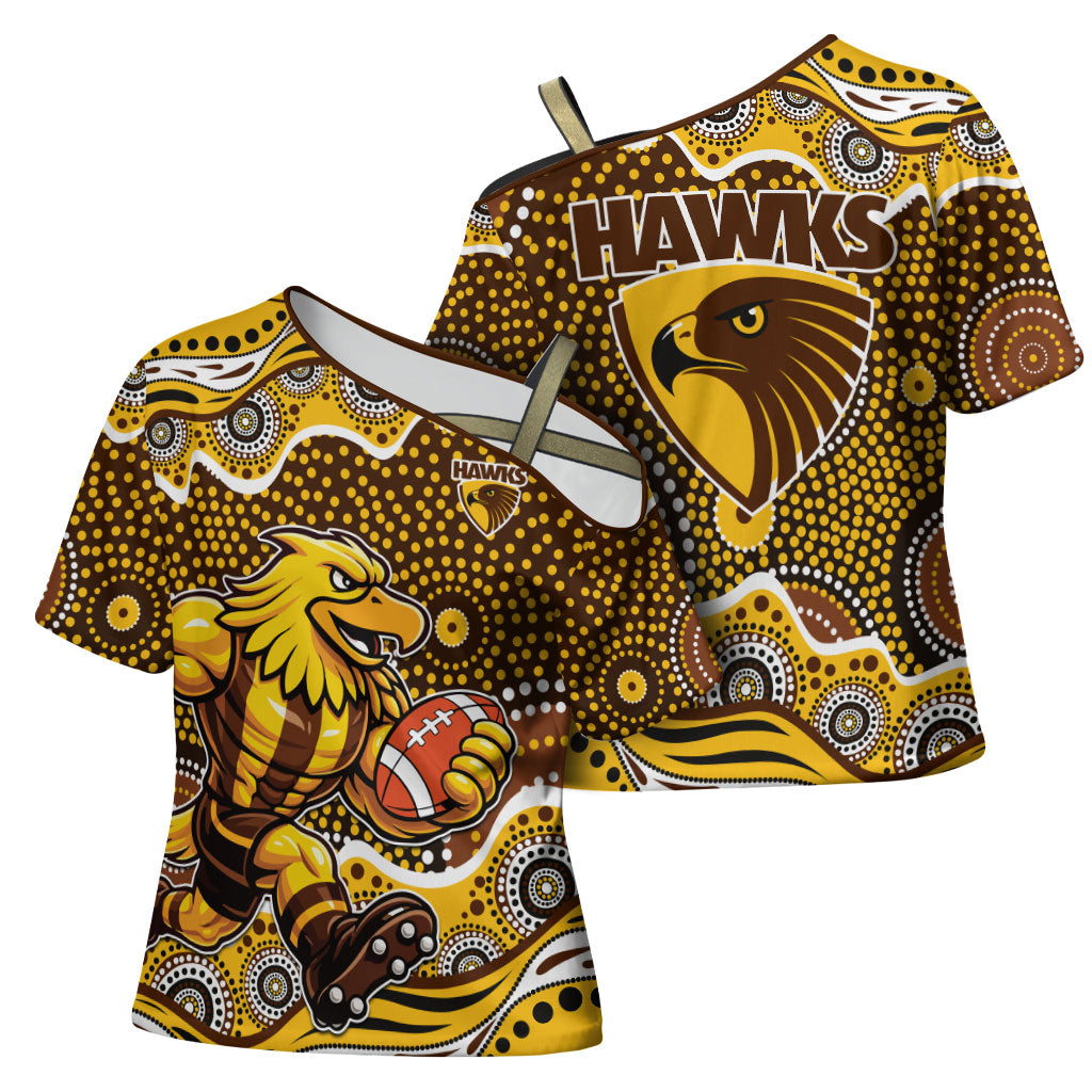 Hawthorn Hawks Cross Shoulder Shirt Aboriginal Dot Pattern - Football Mascot Heritage Pride