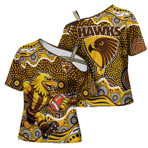 Hawthorn Hawks Cross Shoulder Shirt Aboriginal Dot Pattern - Football Mascot Heritage Pride