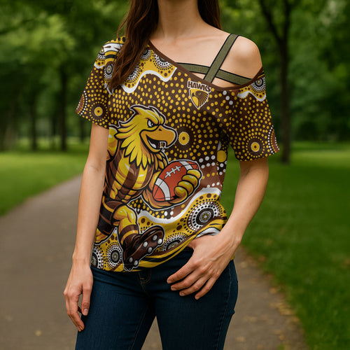 Hawthorn Hawks Cross Shoulder Shirt Aboriginal Dot Pattern - Football Mascot Heritage Pride