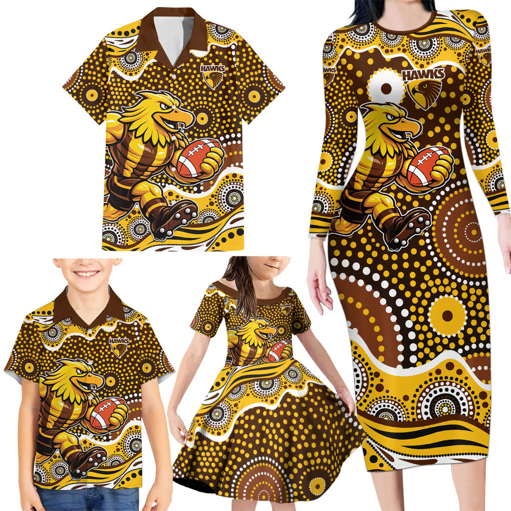 Hawthorn Hawks Family Matching Long Sleeve Bodycon Dress and Hawaiian Shirt Aboriginal Dot Pattern - Football Mascot Heritage Pride